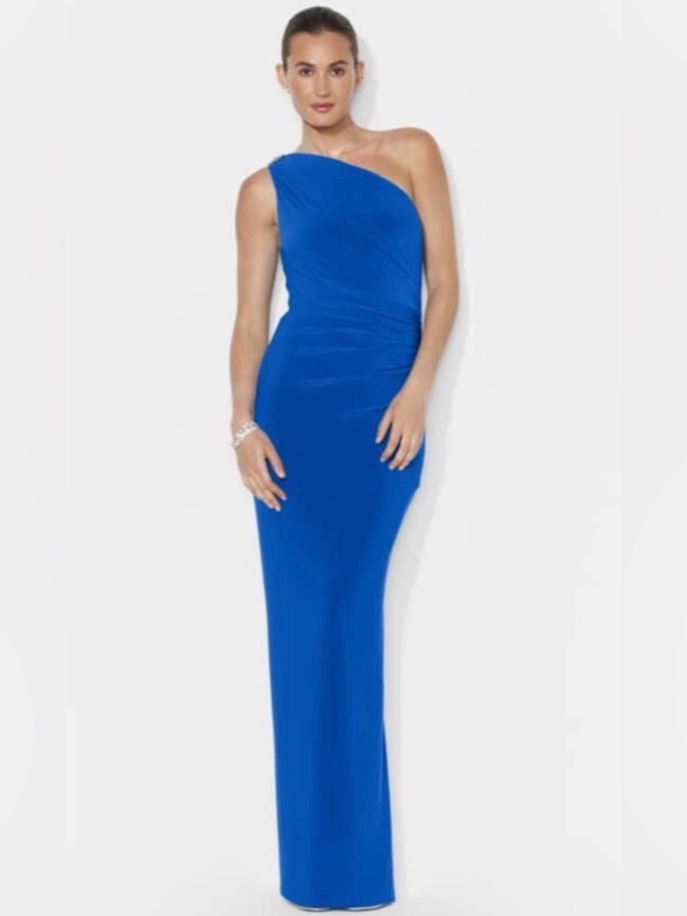 Lauren Ralph Lauren One Shoulder Blue Ruched Evening Gown with Brooch, 4